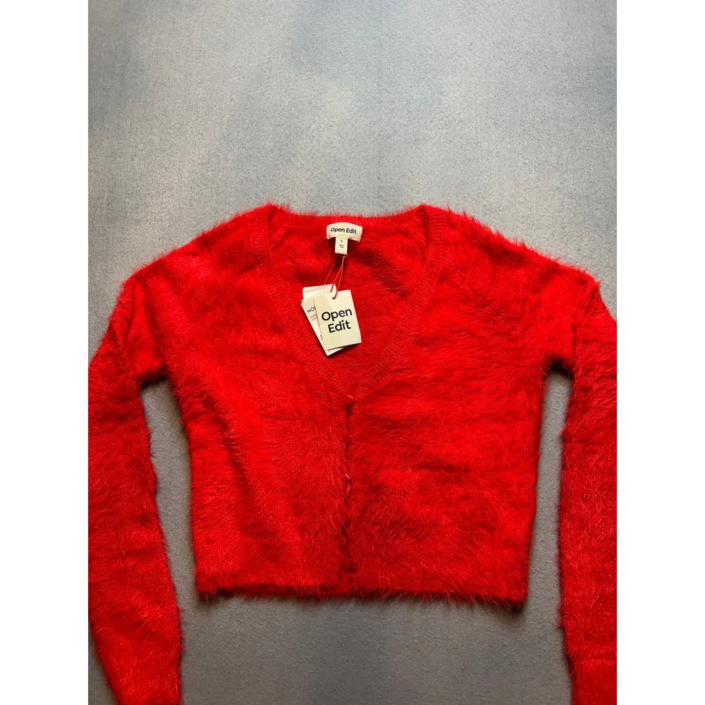 Open Edit Red Goji Eyelash Knit Cropped Cardigan Sweater Small - 64